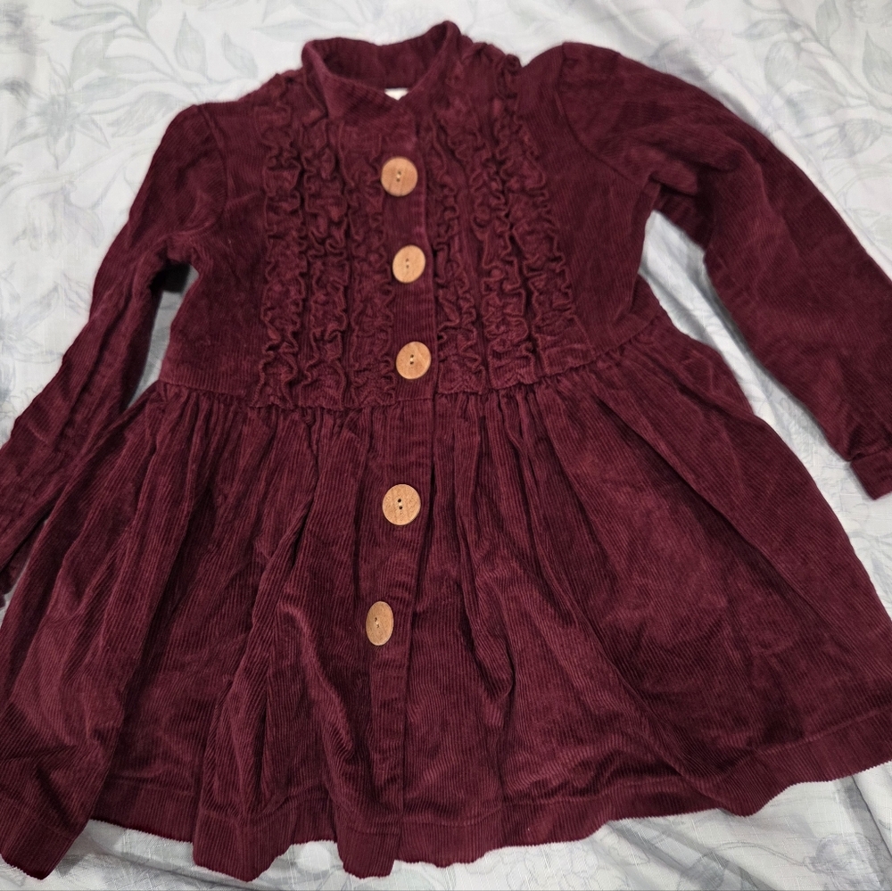 Burgundy Corduroy Dress with Wooden Buttons 2-5 Toldler